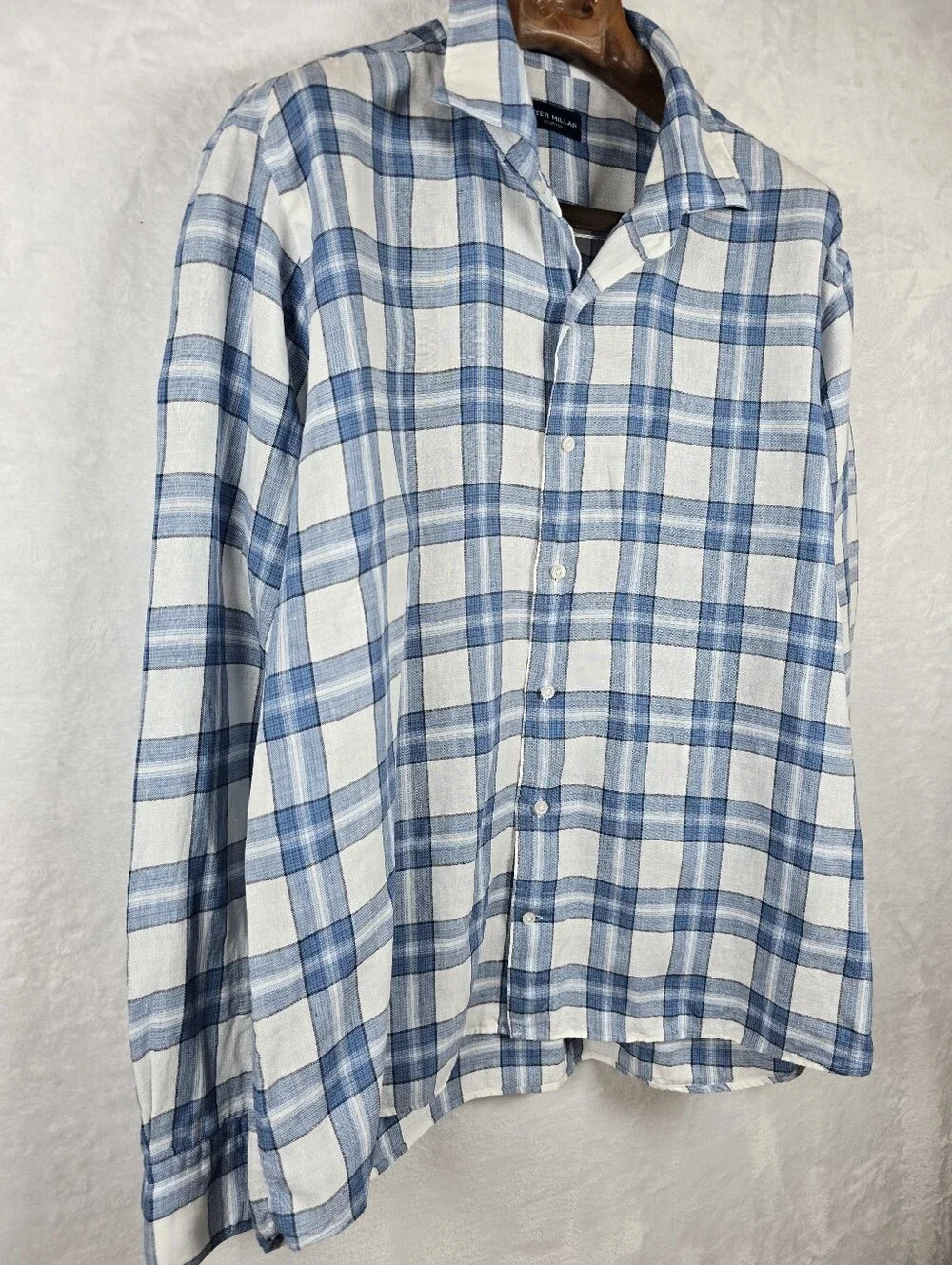 Peter Millar 100% Linen Blue Plaid Button Down Shirt Long Sleeve Sz. XL - Picture 6 of 15